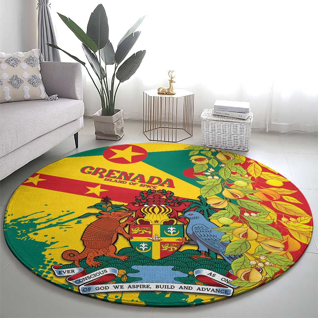 Round multicolor carpet with coat-of-arms emblem, greenery, and birds along the border