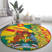 Round multicolor carpet with coat-of-arms emblem, greenery, and birds along the border