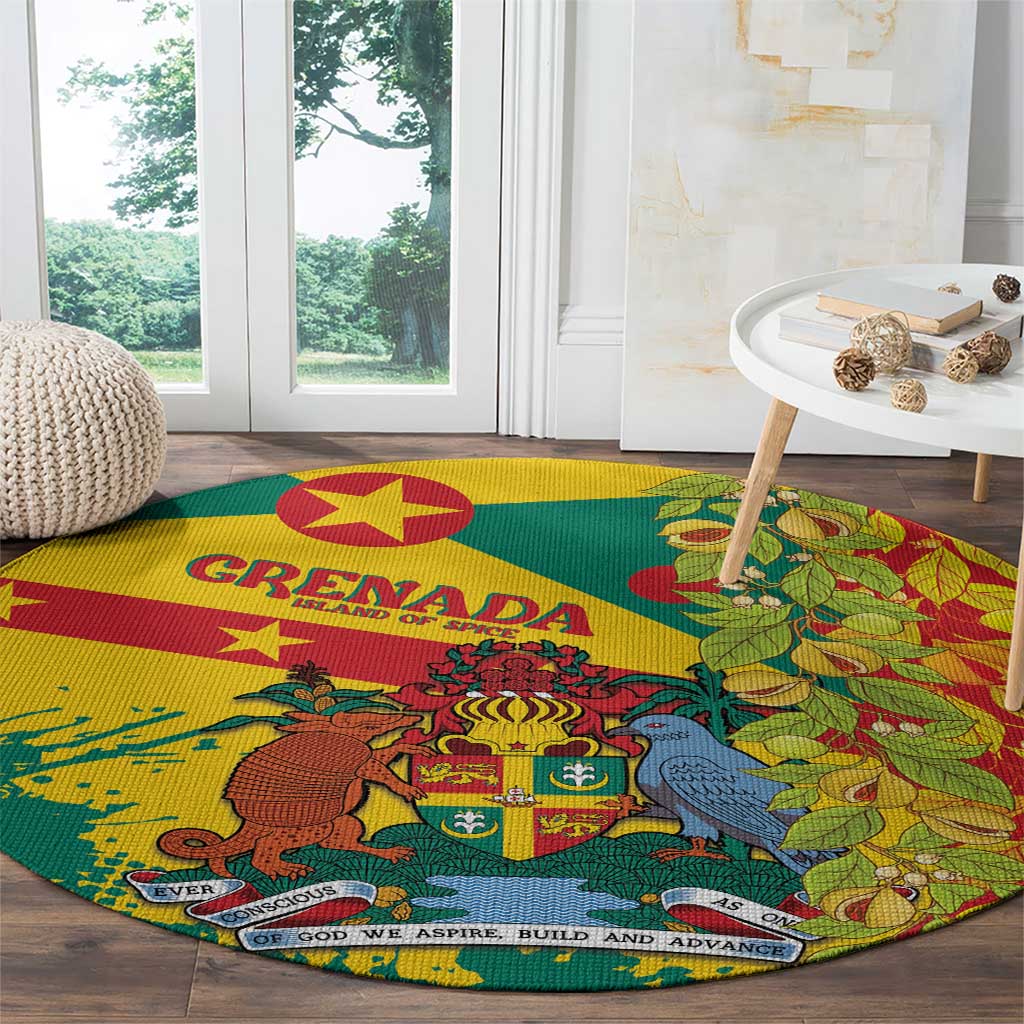 Round multicolor carpet with central coat of arms, stars, and leafy right-side pattern