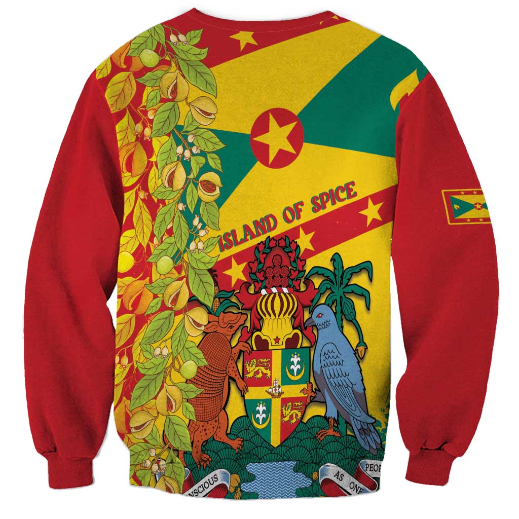 Unisex red sweatshirt with back graphic: Grenada emblem, island plants and birds