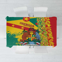 Grenada-themed tablecloth with red border, green-and-yellow flag and tropical leaf print