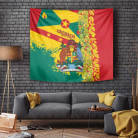 Red Grenada wall tapestry with coat of arms and nutmeg-style vine border