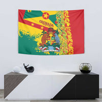 Red Grenada wall tapestry with coat of arms and fruiting vine on right side