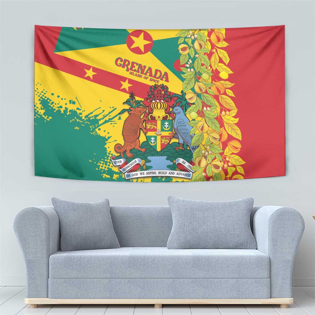 Red Grenada wall tapestry with coat of arms and leafy nutmeg branch on right edge