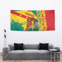 Red Grenada wall tapestry with coat of arms, yellow stripe, and nutmeg vine frame