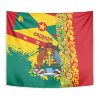 Red Grenada tapestry close-up with coat of arms and nutmeg vine border on right