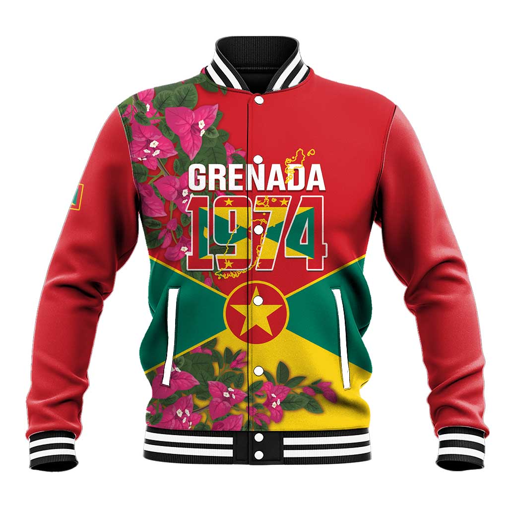 Red baseball jacket with striped collar, floral graphic and Grenada map front patch
