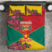 Grenada flag-themed bedding set with yellow, red, green duvet and floral bougainvillea pillows