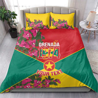 Grenada flag bedding set on bed: red center, green bottom, yellow pillows with bougainvillea