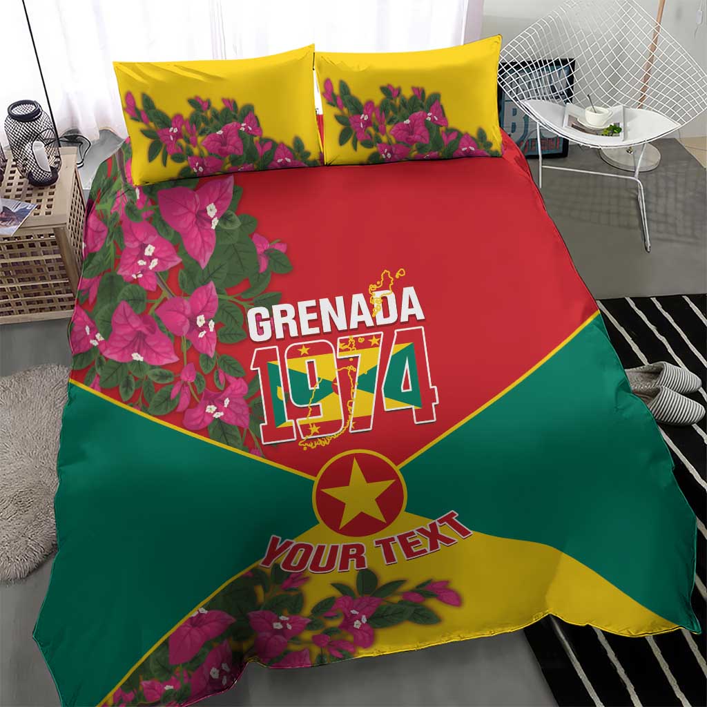 Grenada 1974 flag bedding set with yellow pillows, red center panel, green lower panel