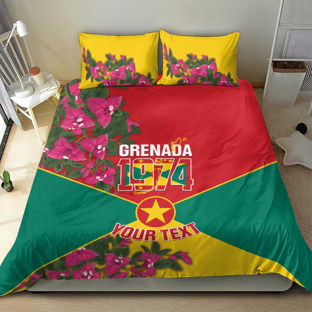 Grenada flag-themed duvet with yellow back and red-green center, plus bougainvillea pillow set