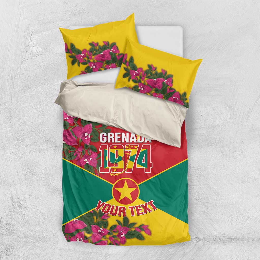 Grenada 1974 bedding set with white base, red center, green bottom, and yellow bougainvillea pillows
