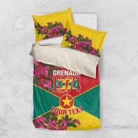 Grenada 1974 bedding set with white base, red center, green bottom, and yellow bougainvillea pillows