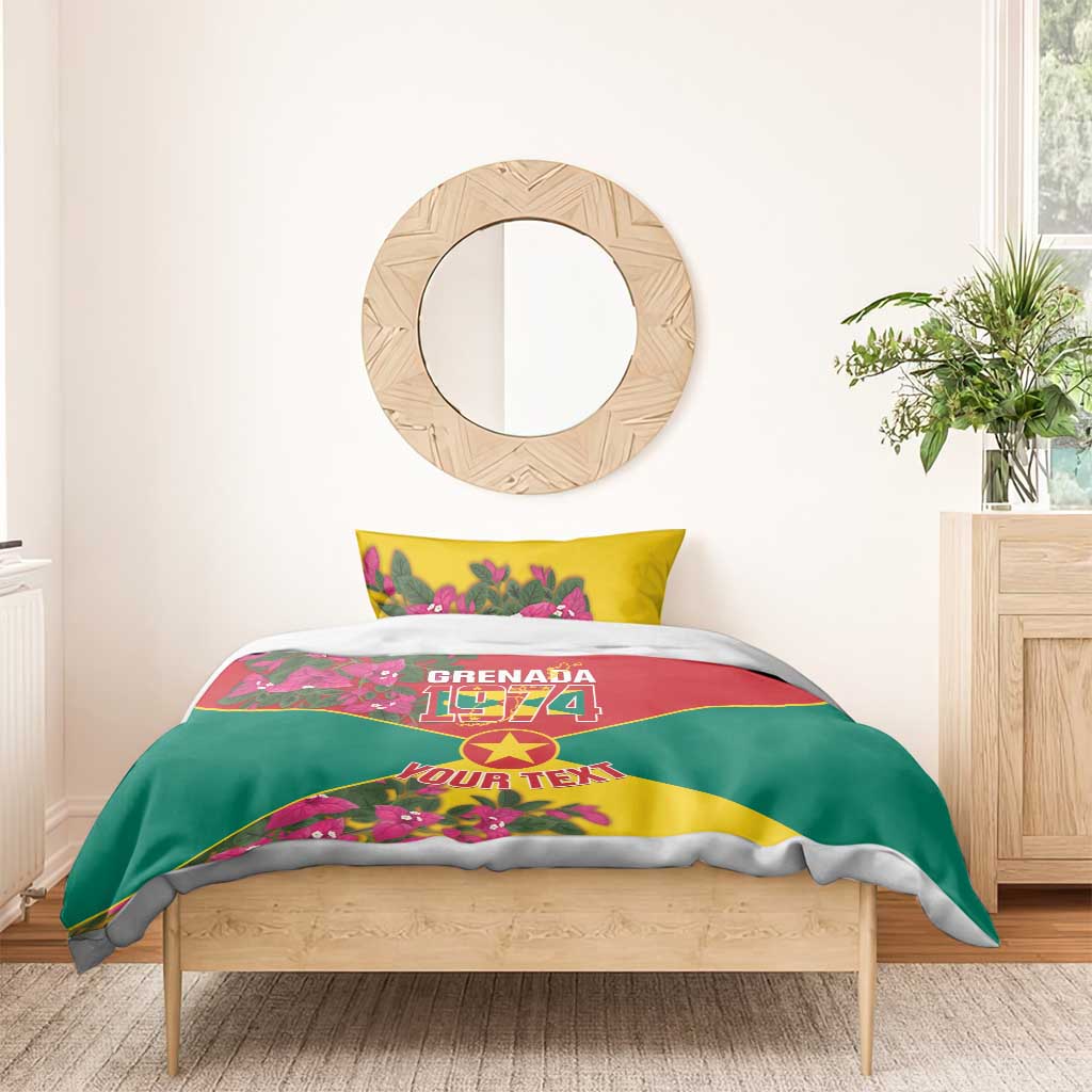 Grenada flag-themed comforter and pillows with yellow and red trim, green center and bougainvillea