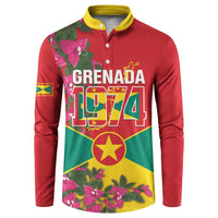 Red button sweatshirt with yellow collar, long sleeves, Grenada 1974 graphic and flowers