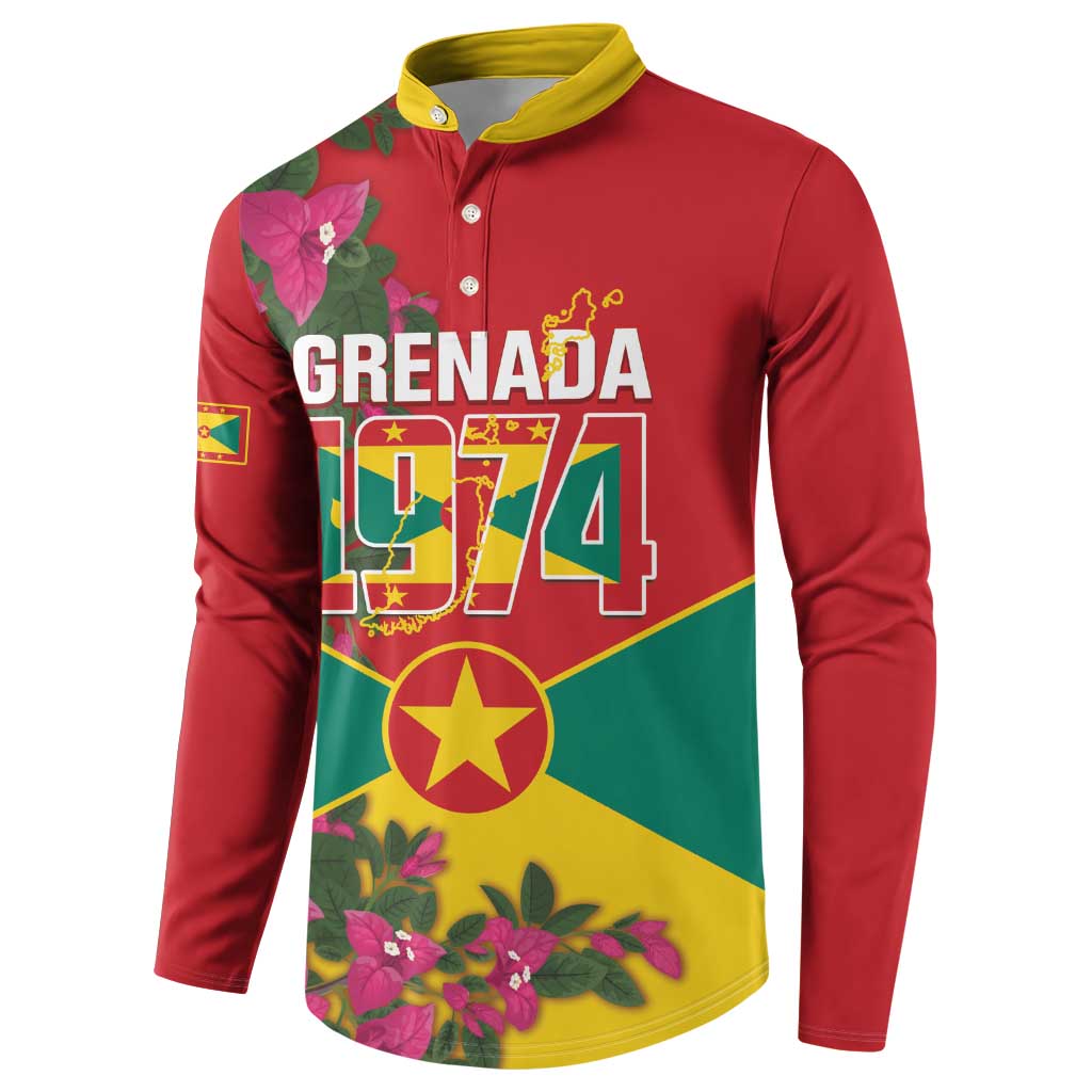 Red long-sleeve button sweatshirt with yellow collar, large Grenada 1974 shield and star