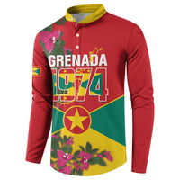 Red long-sleeve button sweatshirt with yellow collar, large Grenada 1974 shield and star