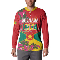 Red button sweatshirt with yellow collar, Grenada 1974 front graphic on model