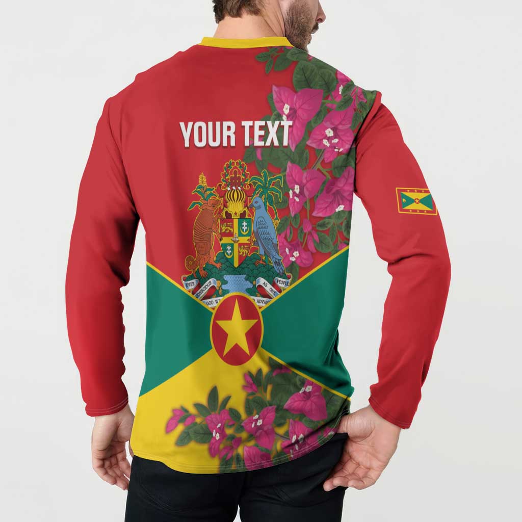 Red button sweatshirt back with yellow collar, 'YOUR TEXT' crest, star, floral print