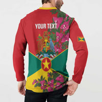 Red button sweatshirt back with yellow collar, 'YOUR TEXT' crest, star, floral print