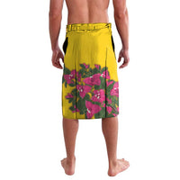 Yellow lavalava-style wrap skirt with bougainvillea floral print and waistband