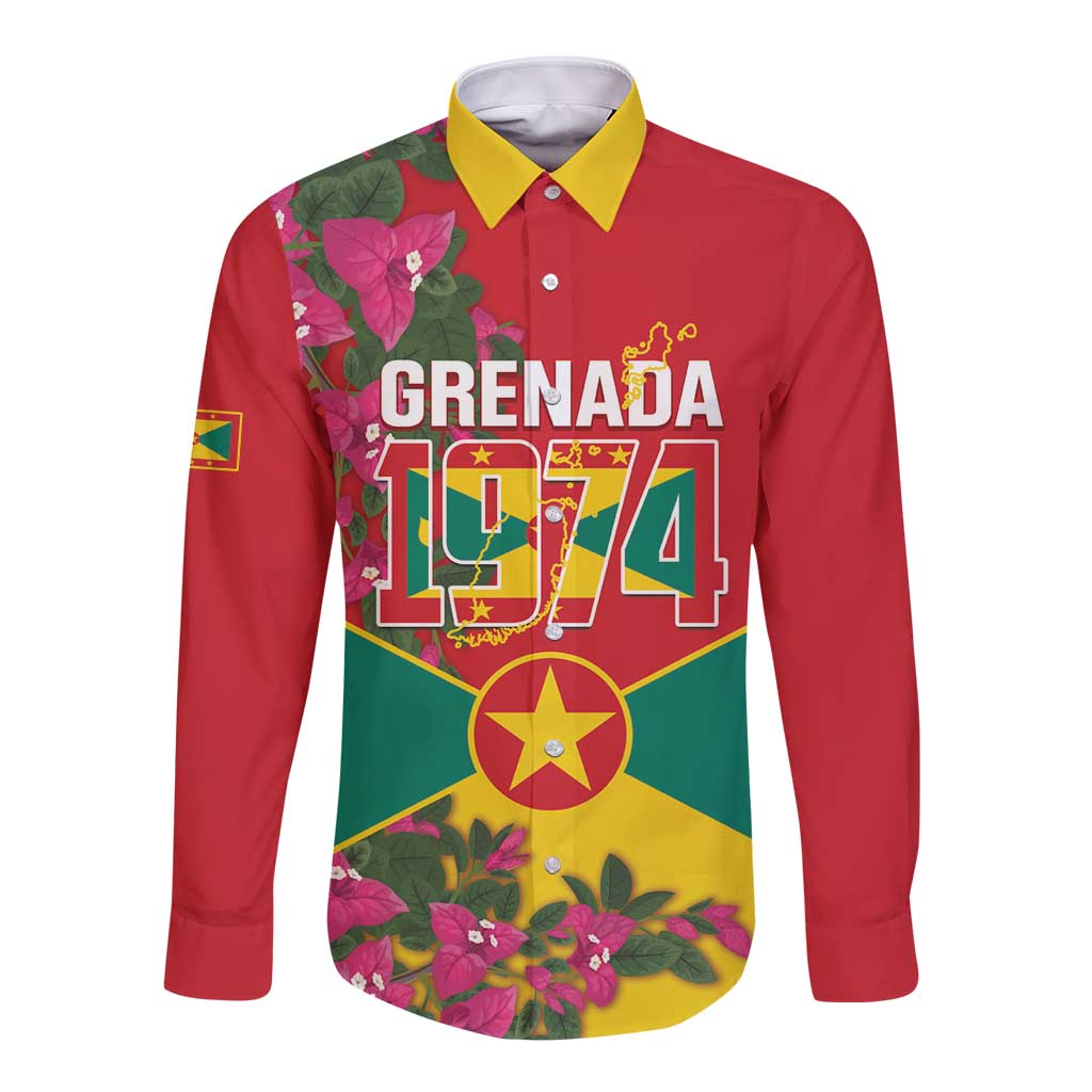 Red long sleeve button shirt with Grenada crest and floral map graphic