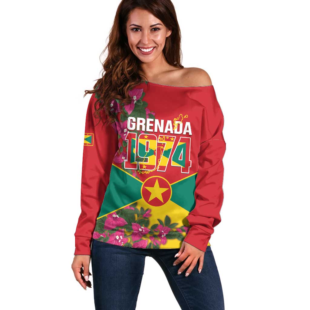 Grenada 1974 Off Shoulder Sweater Gwenad Map With Bougainvillea - Flag Color