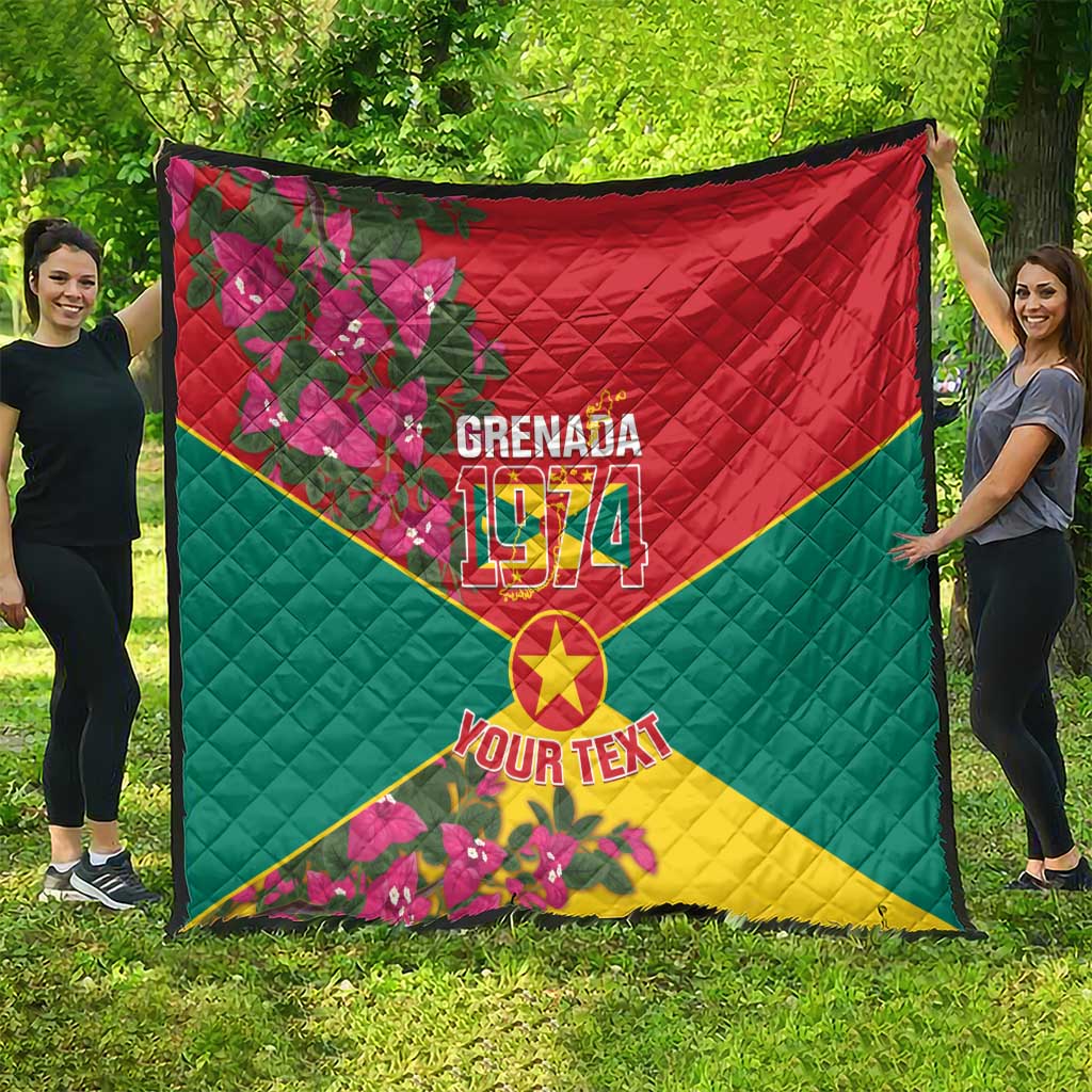 Grenada 1974 flag quilt with red top, green sides, yellow bottom, quilted texture