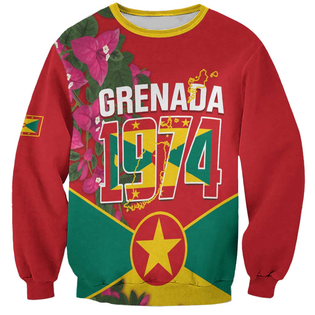 Red unisex sweatshirt with front Grenada 1974 graphic, flowers, map, and yellow trim