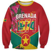 Red unisex sweatshirt with front Grenada 1974 graphic, flowers, map, and yellow trim