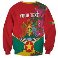 Red unisex sweatshirt back with 'YOUR TEXT', crest and bird, floral design, yellow trim