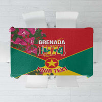 Grenada flag tablecloth with red, green, yellow panels and pink bougainvillea print