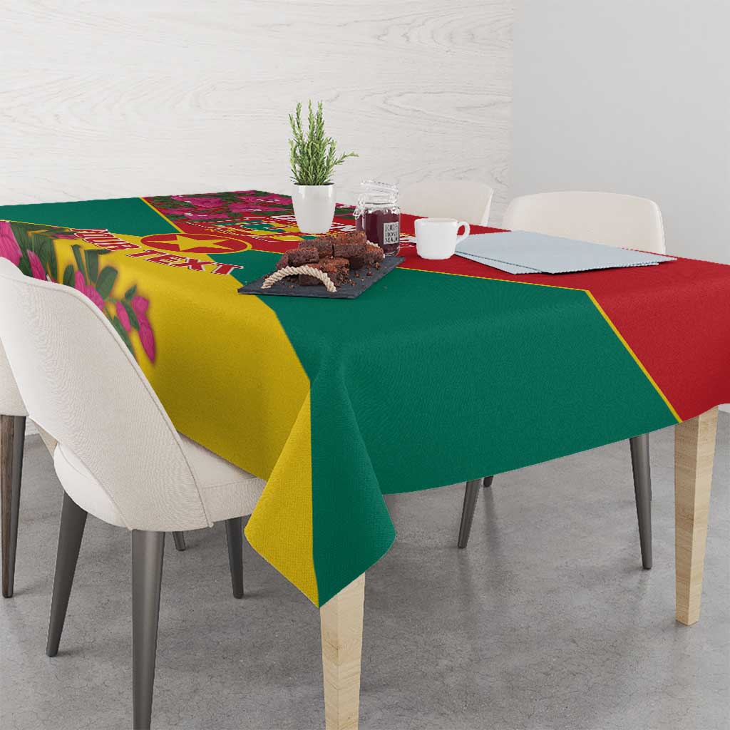 Grenada flag tablecloth corner drape with red, green, yellow panels and bougainvillea flowers
