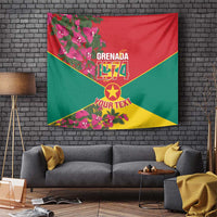 Grenada 1974 tapestry wall hanging with bougainvillea, red green yellow flag design
