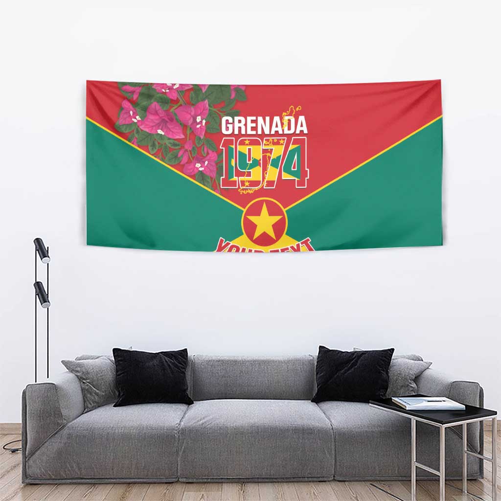 Grenada 1974 tapestry wall hanging featuring star emblem and bougainvillea, YOUR TEXT