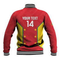 Red and yellow cricket baseball jacket back, 'YOUR TEXT' and number 14, ribbed hem