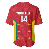 Red cricket baseball jersey back with 'YOUR TEXT' and number 14, yellow side panels with stars