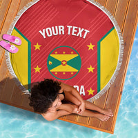 Red round beach blanket with white fringe, Grenada flag print and 'YOUR TEXT'.