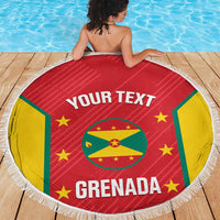 Red round beach blanket with white fringe, Grenada emblem and 'YOUR TEXT'.