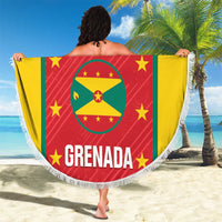 Red round beach blanket with white fringe, Grenada flag design and 'GRENADA'.