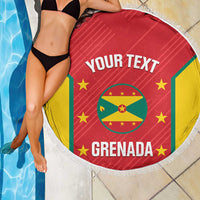 Red round beach blanket with white fringe, Grenada flag print with 'YOUR TEXT' and GRENADA.