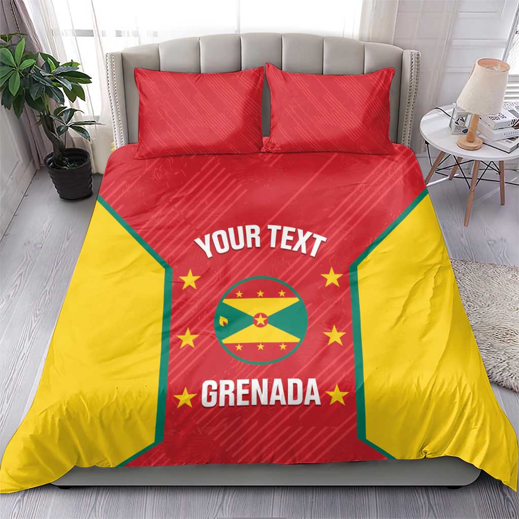 Cricket bedding set showing red-and-yellow Grenada flag duvet with two pillows on bed