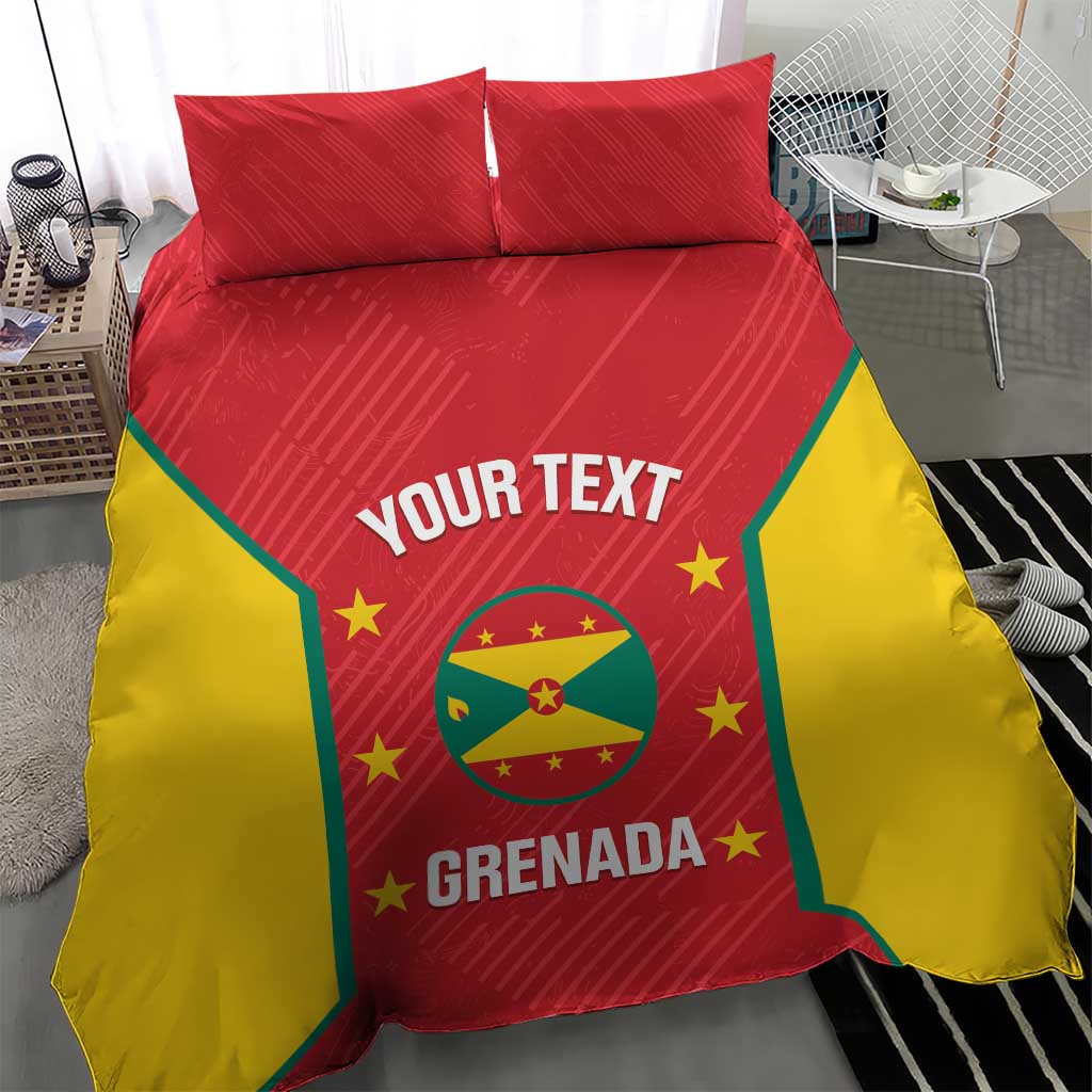Cricket bedding set with red top and yellow sides featuring Grenada logo and text
