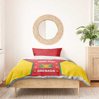 Cricket bedding set with red-and-yellow Grenada flag duvet and two pillows on wooden bed