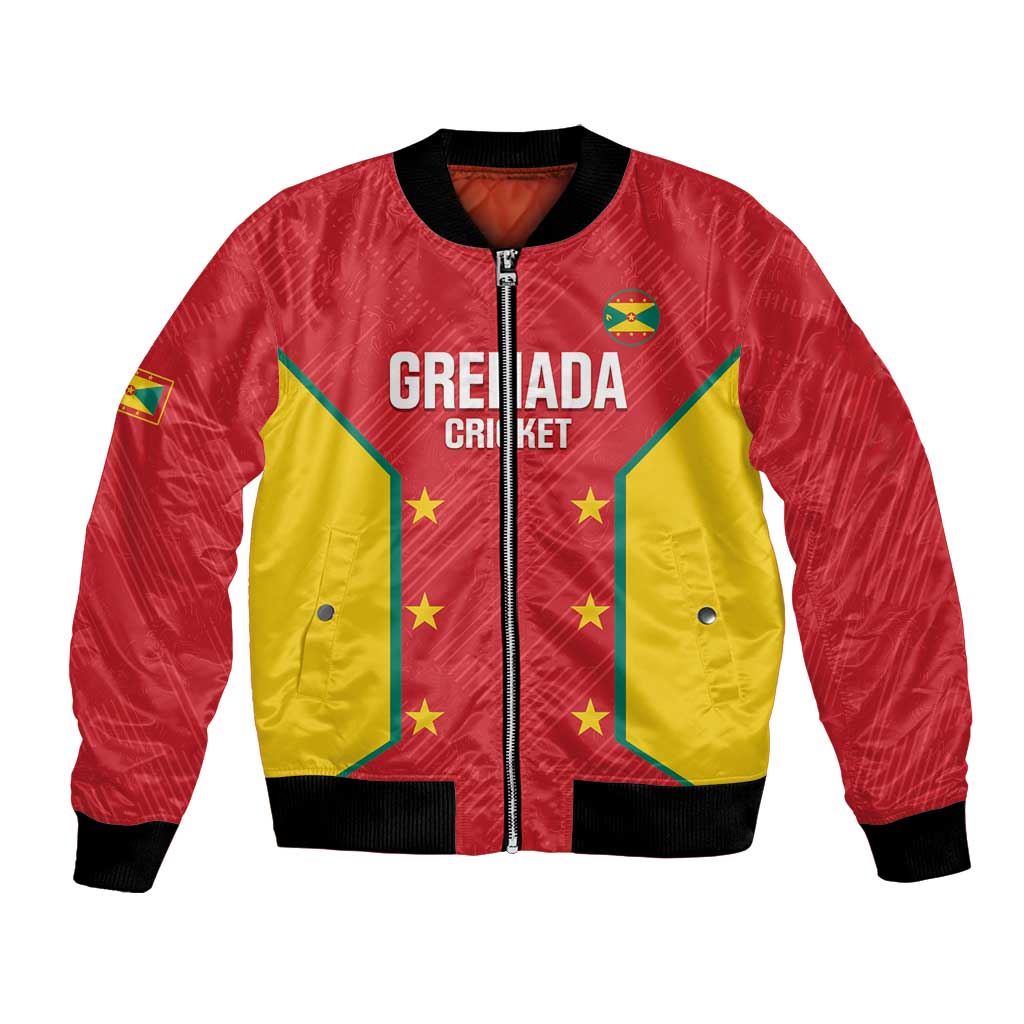 Red bomber jacket, black ribbed collar and cuffs, front zip, Grenada cricket graphic