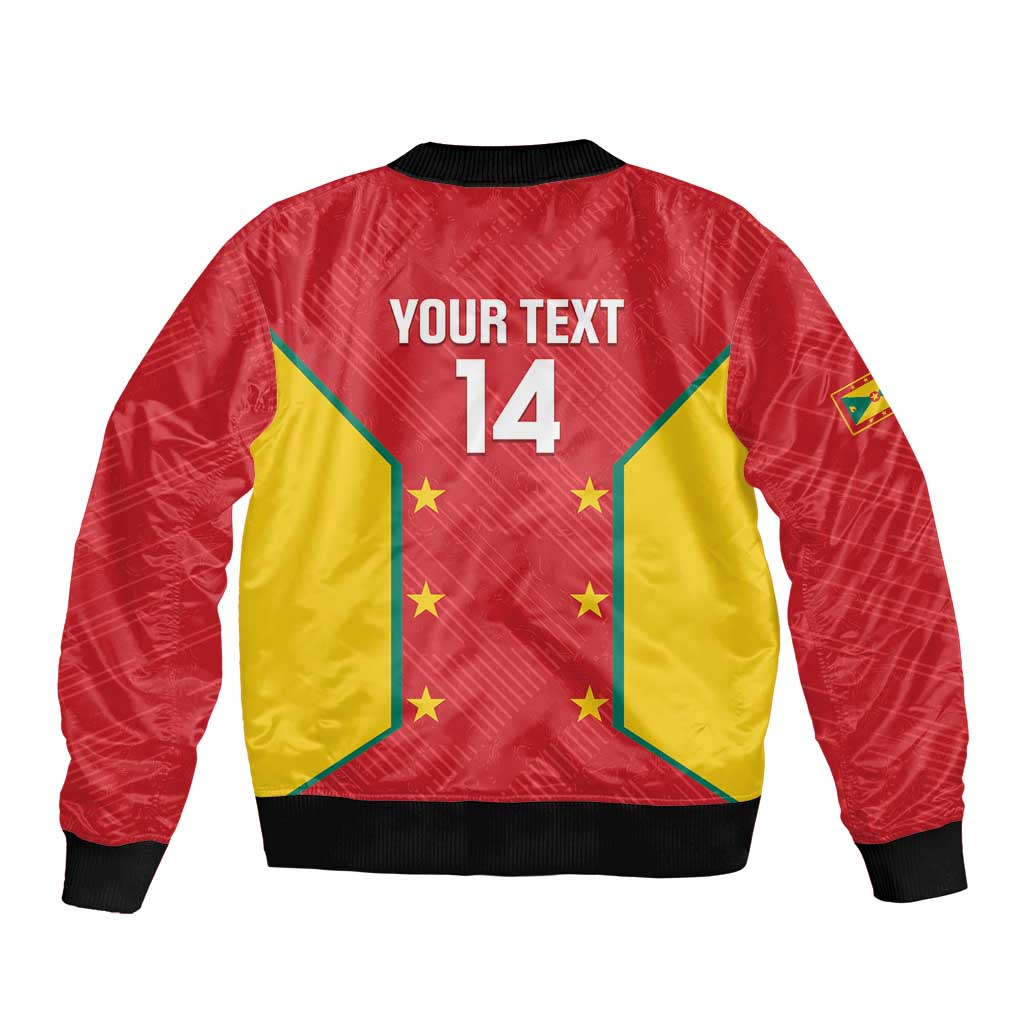 Red bomber jacket back graphic with stars, yellow panels, number 14, black ribbed trim