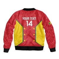 Red bomber jacket back graphic with stars, yellow panels, number 14, black ribbed trim