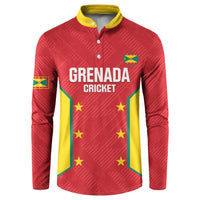 Red cricket button sweatshirt with yellow collar, Grenada Cricket front graphic, long sleeves