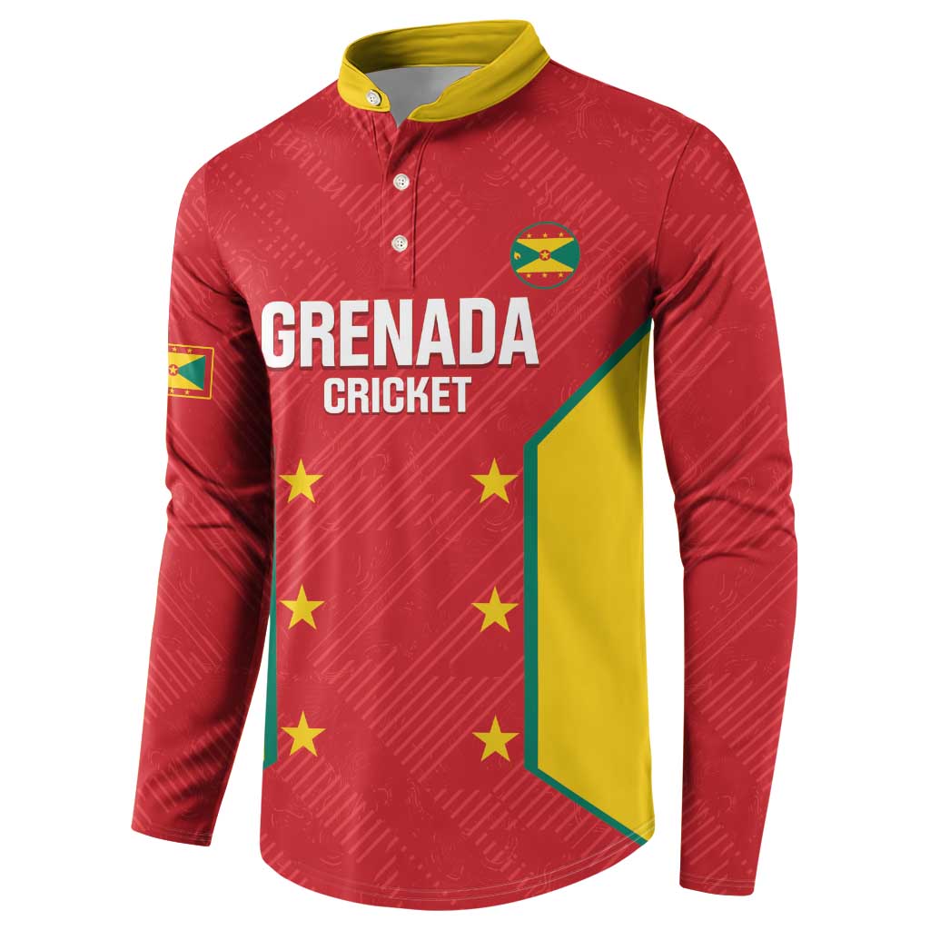Red cricket button sweatshirt with yellow collar, Grenada Cricket side graphic, long sleeves