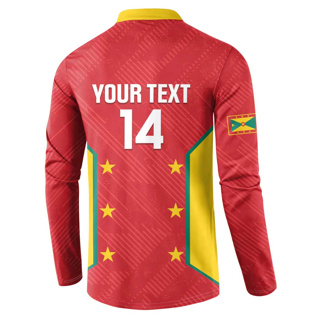 Red cricket button sweatshirt with yellow collar, YOUR TEXT 14 back graphic, long sleeves